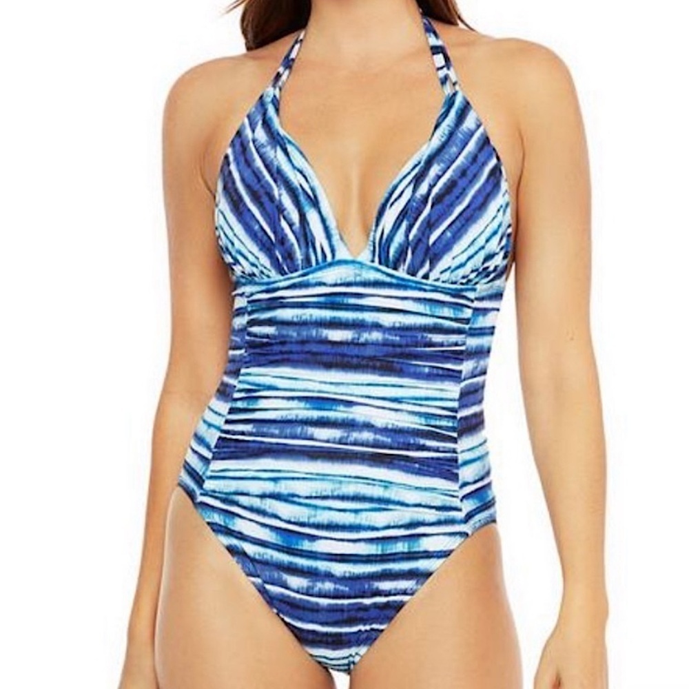 La Blanca Serena Tie Dye Stripe Tummy Control Strappy One Piece Swimsuit Blue 10